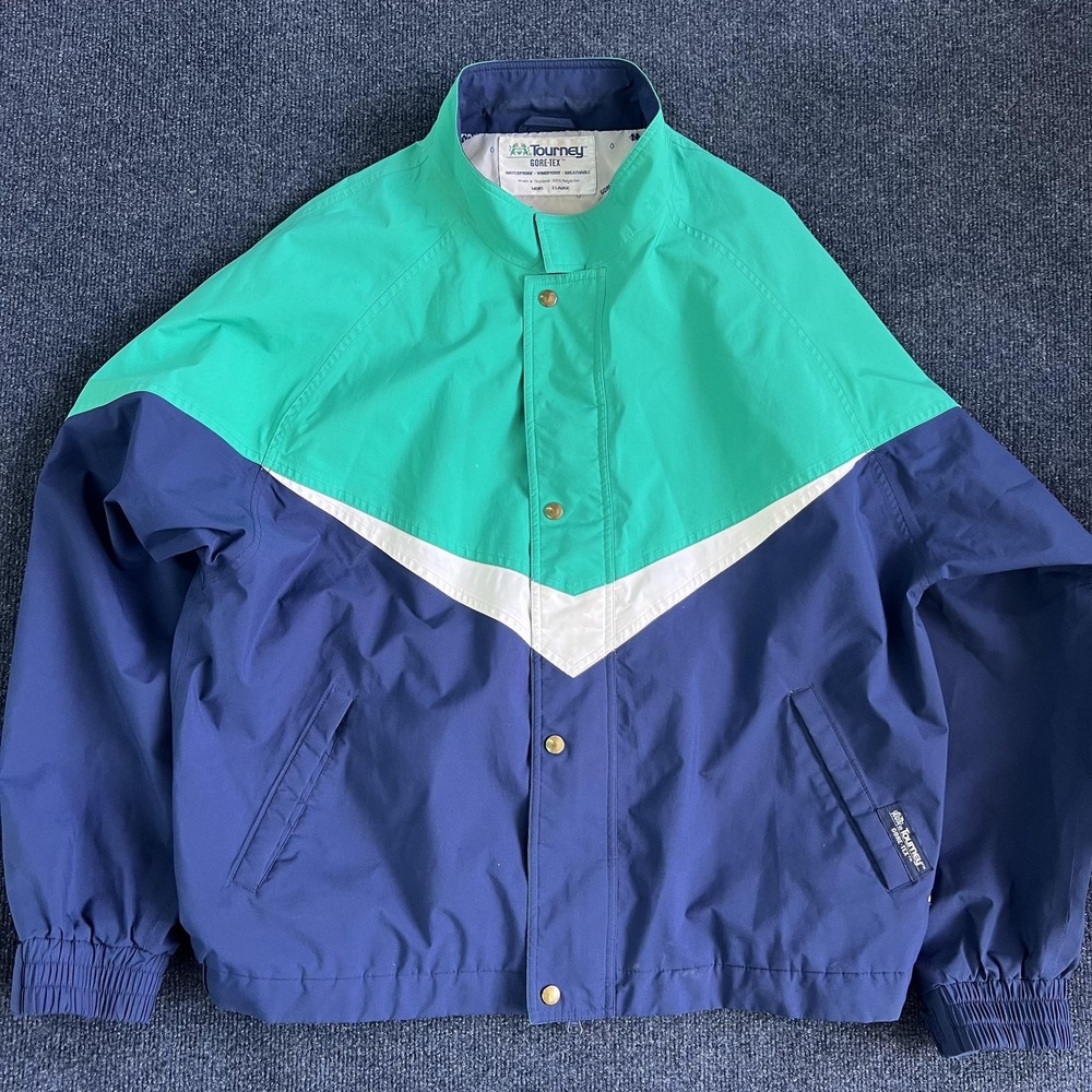 Vintage 80s Tourney Jacket Mens XL Blue Green GORE-TEX Windbreaker Colorblock